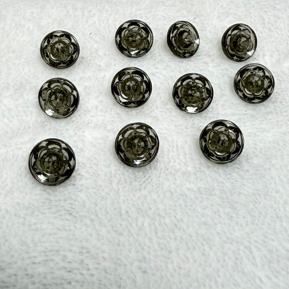 Vintage Smoky Gray Glass Buttons Lot 11 Floral Faceted Shank Sewing Craft
